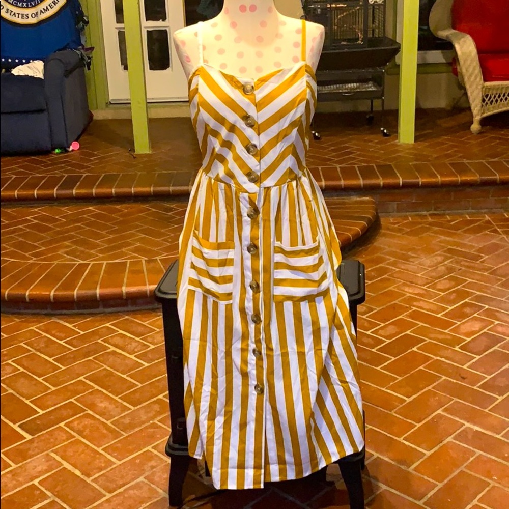 Mustard and white striped midi dress